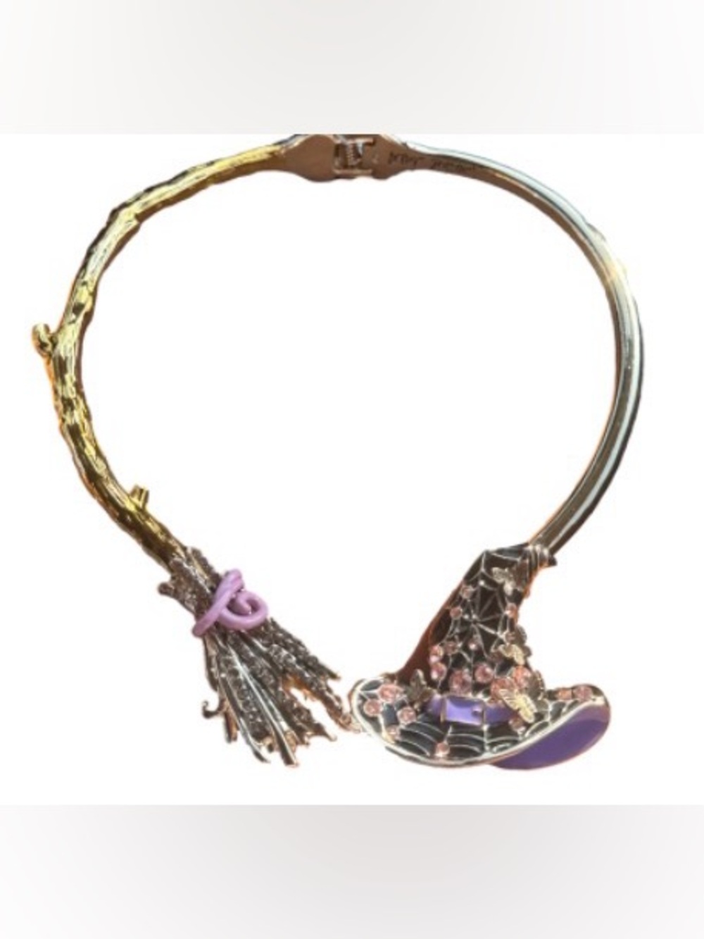 Betsey Johnson Gold Tone witchy Witch Hat & Broom Necklace in Lavender and Pink